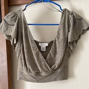 Green Eyelet Flutter-Sleeve Wrap Crop Top